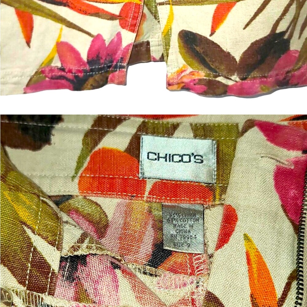 CHICO'S 2=L Pink Orange Beige Green Floral Cotton Linen Straight Casual Skirt
